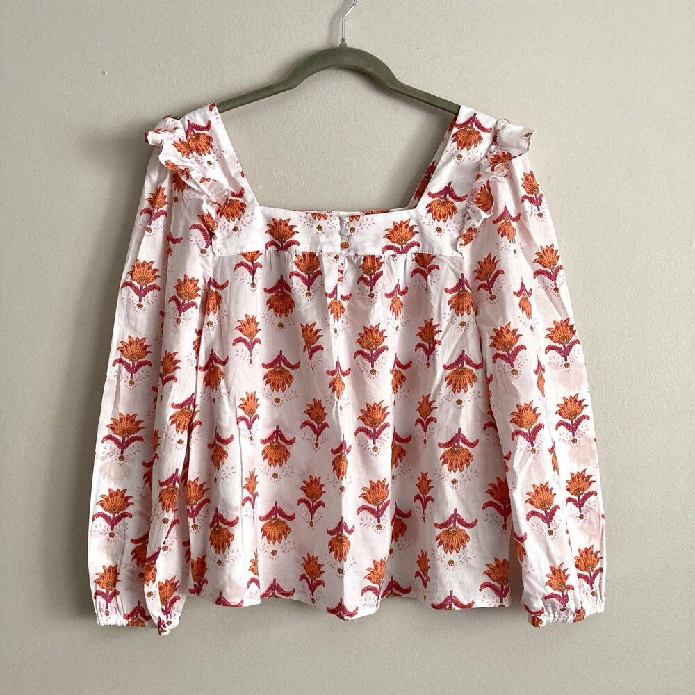 J. Crew Womens Cotton Square Neck Ruffle Top Size Small White Pink Boho Peasant